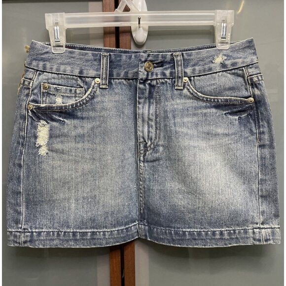 7 For All Mankind Distressed Blue Denim Jean A Pocket Mini Skirt Womens Size 27 - Picture 1 of 12